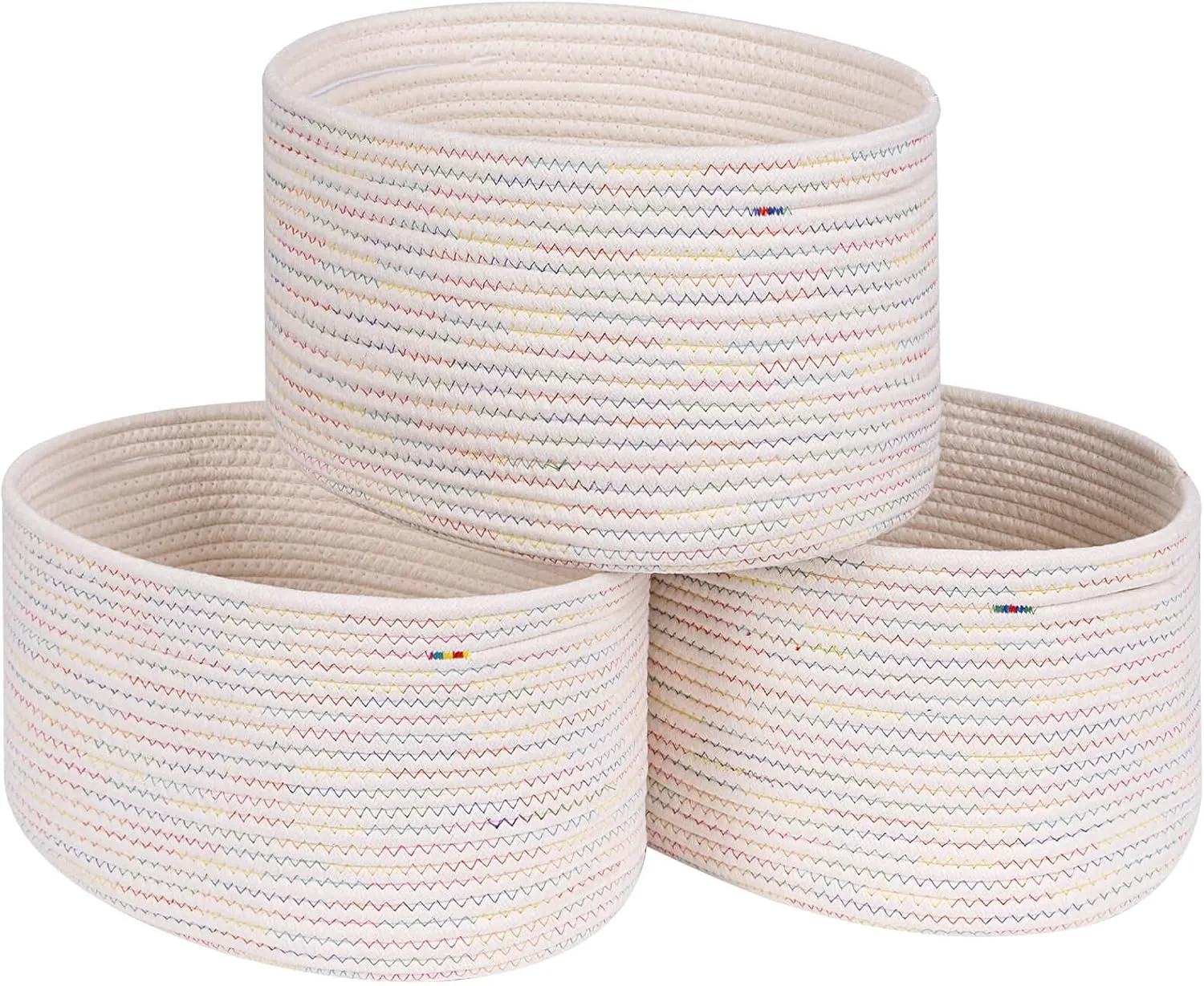 CubesLand Woven Basket for Organizing/Shelves, Cube Shelf Closet Storage Set of 3, Long-lasting & Skin-friendly Bin, Stylish Room Storage, Rainbow Stitches Cotton Rope