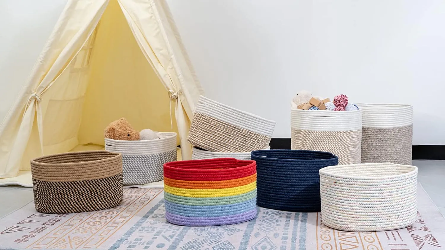 CubesLand Woven Basket for Organizing/Shelves, Cube Shelf Closet Storage Set of 3, Long-lasting & Skin-friendly Bin, Stylish Room Storage, Rainbow Stitches Cotton Rope