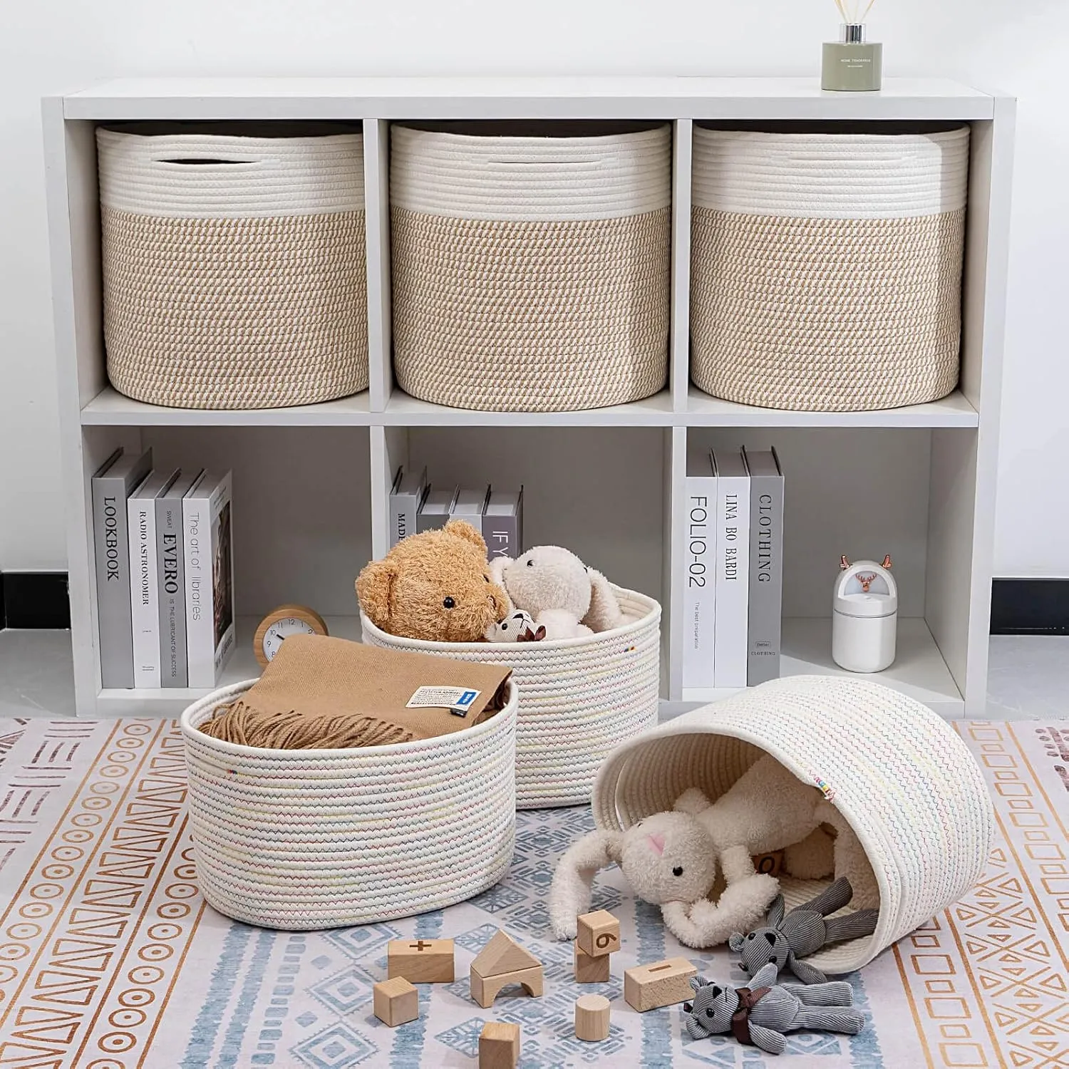 CubesLand Woven Basket for Organizing/Shelves, Cube Shelf Closet Storage Set of 3, Long-lasting & Skin-friendly Bin, Stylish Room Storage, Rainbow Stitches Cotton Rope