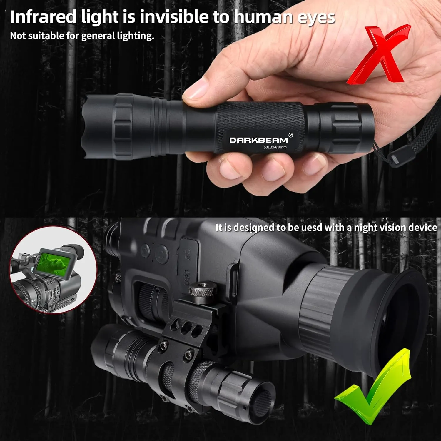 DARKBEAM ir Flashlight Infrared 850nm Light LED Rechargeable Mini for Night Vision, Tactical ir Illuminator with Long Range & High Power, Focus Adjustable for Hunting, Observation, Search, with Clip