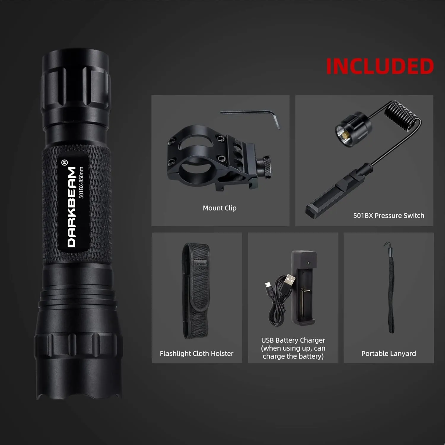 DARKBEAM ir Flashlight Infrared 850nm Light LED Rechargeable Mini for Night Vision, Tactical ir Illuminator with Long Range & High Power, Focus Adjustable for Hunting, Observation, Search, with Clip