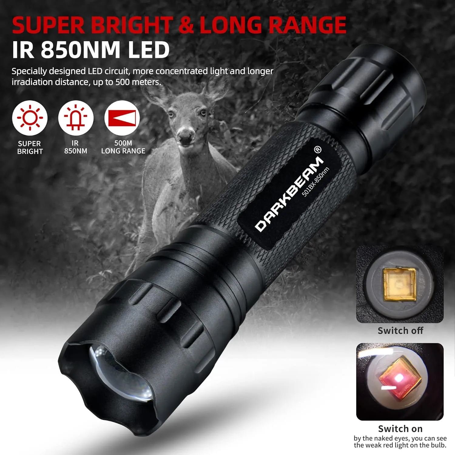 DARKBEAM ir Flashlight Infrared 850nm Light LED Rechargeable Mini for Night Vision, Tactical ir Illuminator with Long Range & High Power, Focus Adjustable for Hunting, Observation, Search, with Clip