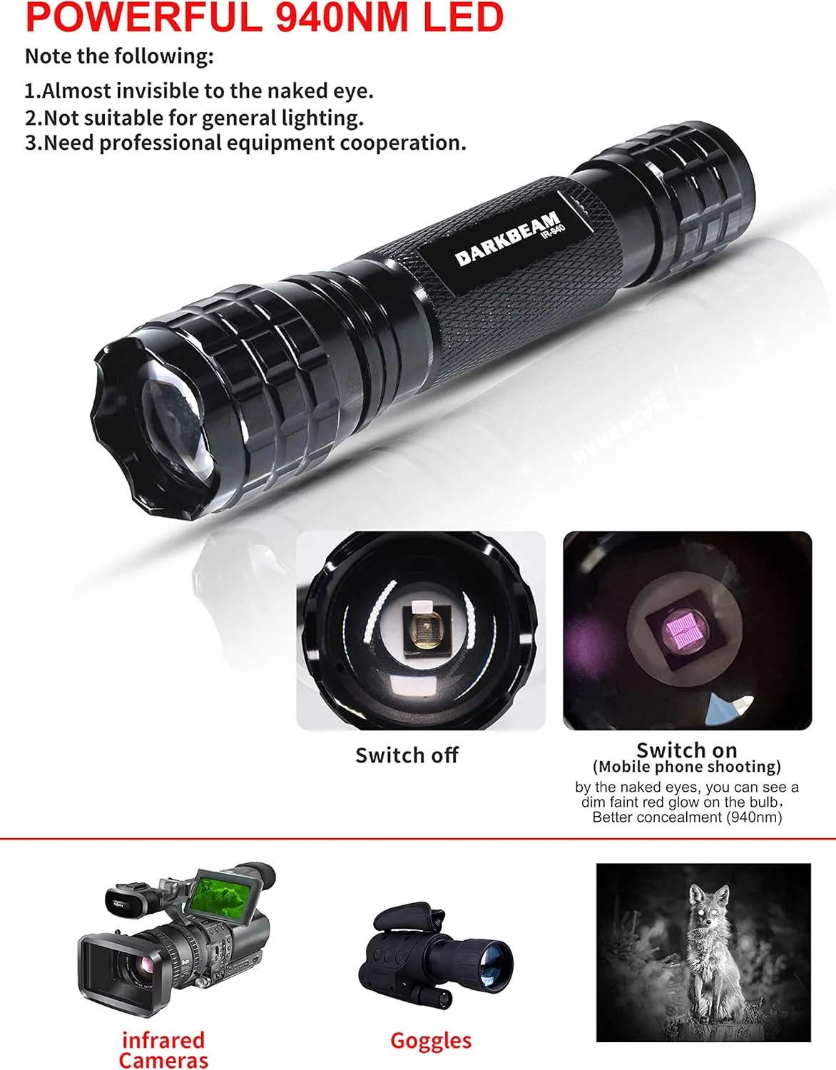 DARKBEAM ir Flashlight Infrared 940nm Lights LED Mini for Night Vision, Rechargeable Portable Tactical ir Illuminator Torch, Focus Adjustable for Hunting, Observation, Search, with Clip