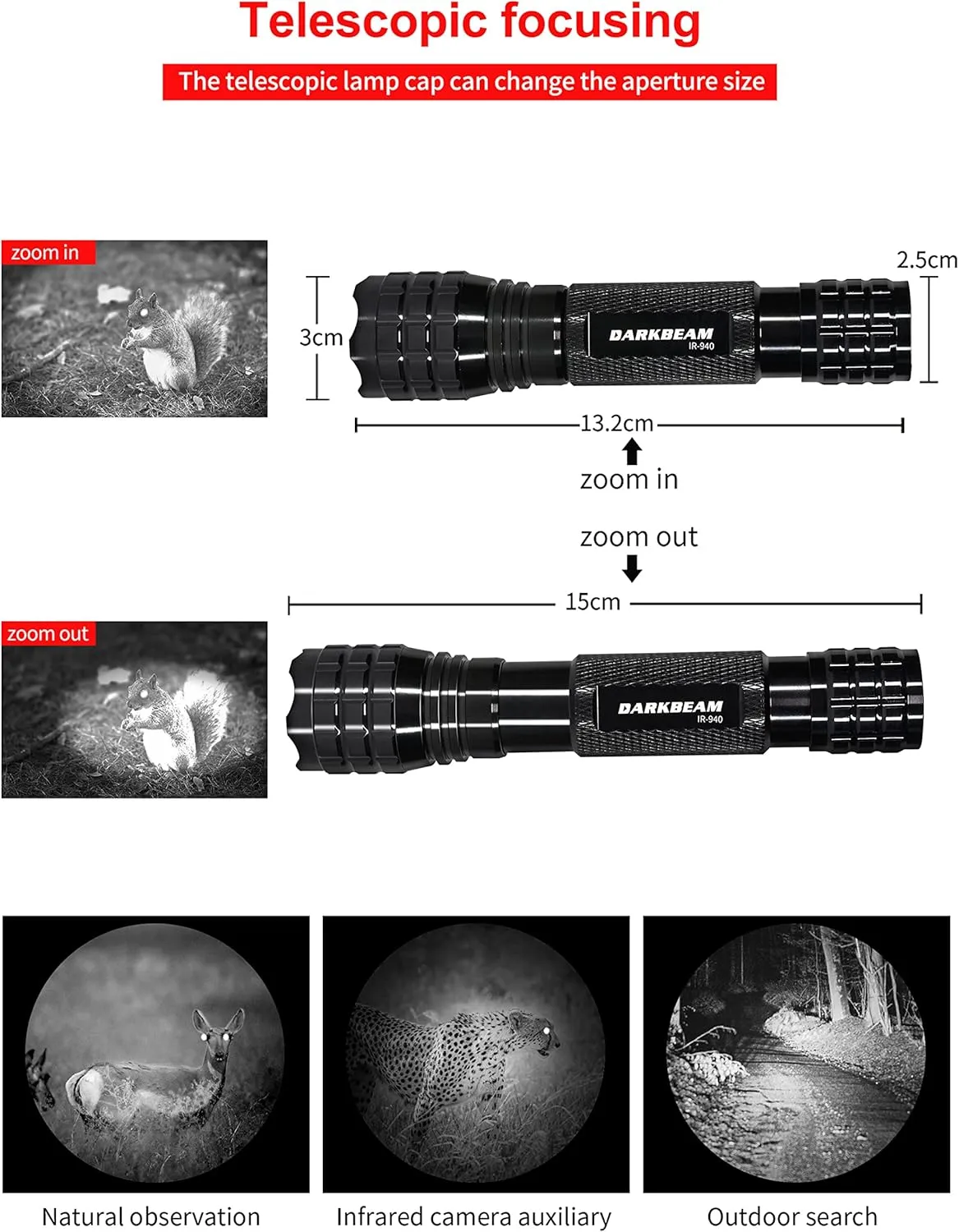 DARKBEAM ir Flashlight Infrared 940nm Lights LED Mini for Night Vision, Rechargeable Portable Tactical ir Illuminator Torch, Focus Adjustable for Hunting, Observation, Search, with Clip