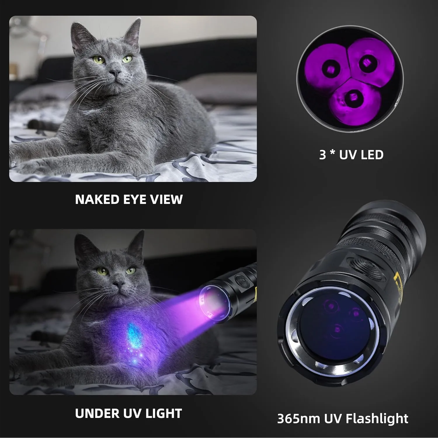 DARKBEAM UV Flashlight 365nm Black Light, 3 LEDs 20W Powerful Blacklight Flashlights - Rechargeable Mini Woods Lamps Long Life for Pet Urine Detection, Money, AC Sistem, UV Glue, Resin Curing