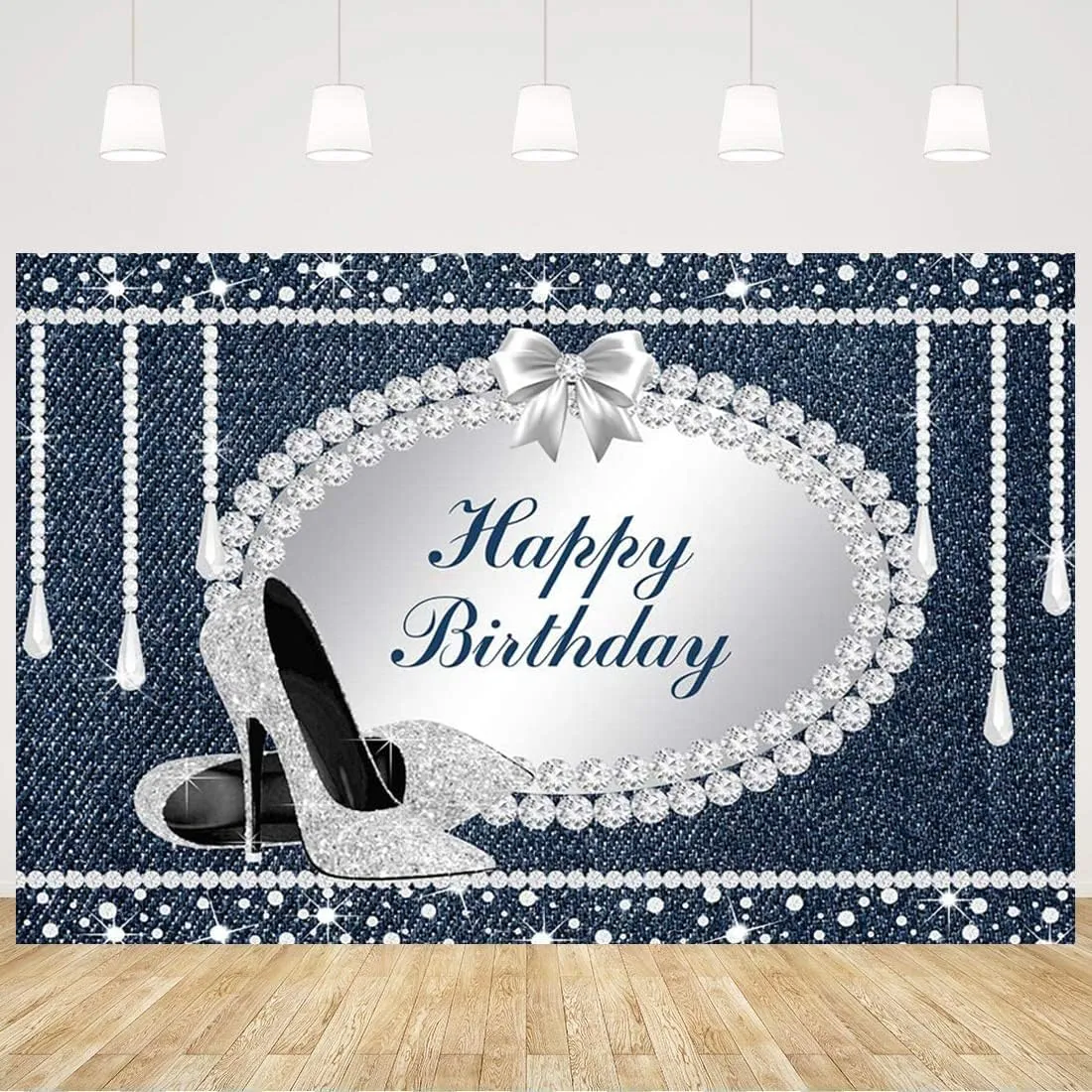 Denim Diamonds Happy Birthday Backdrop Glitter Shiny Crystal Shoes Birthday Photography Background Banner Birthday Party Decoration Supplies