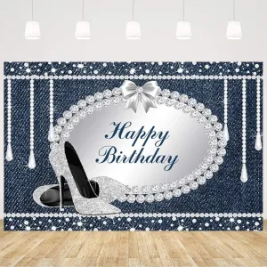 Denim Diamonds Happy Birthday Backdrop Glitter Shiny Crystal Shoes Birthday Photography Background Banner Birthday Party Decoration Supplies