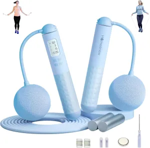 Digital Jump Rope with Calorie Counter, Weighted Jumping Rope 2 In 1 with Large Cordless Jump Ball and Adjustable Steel Rope for Women Fitness Indoor and Outdoor