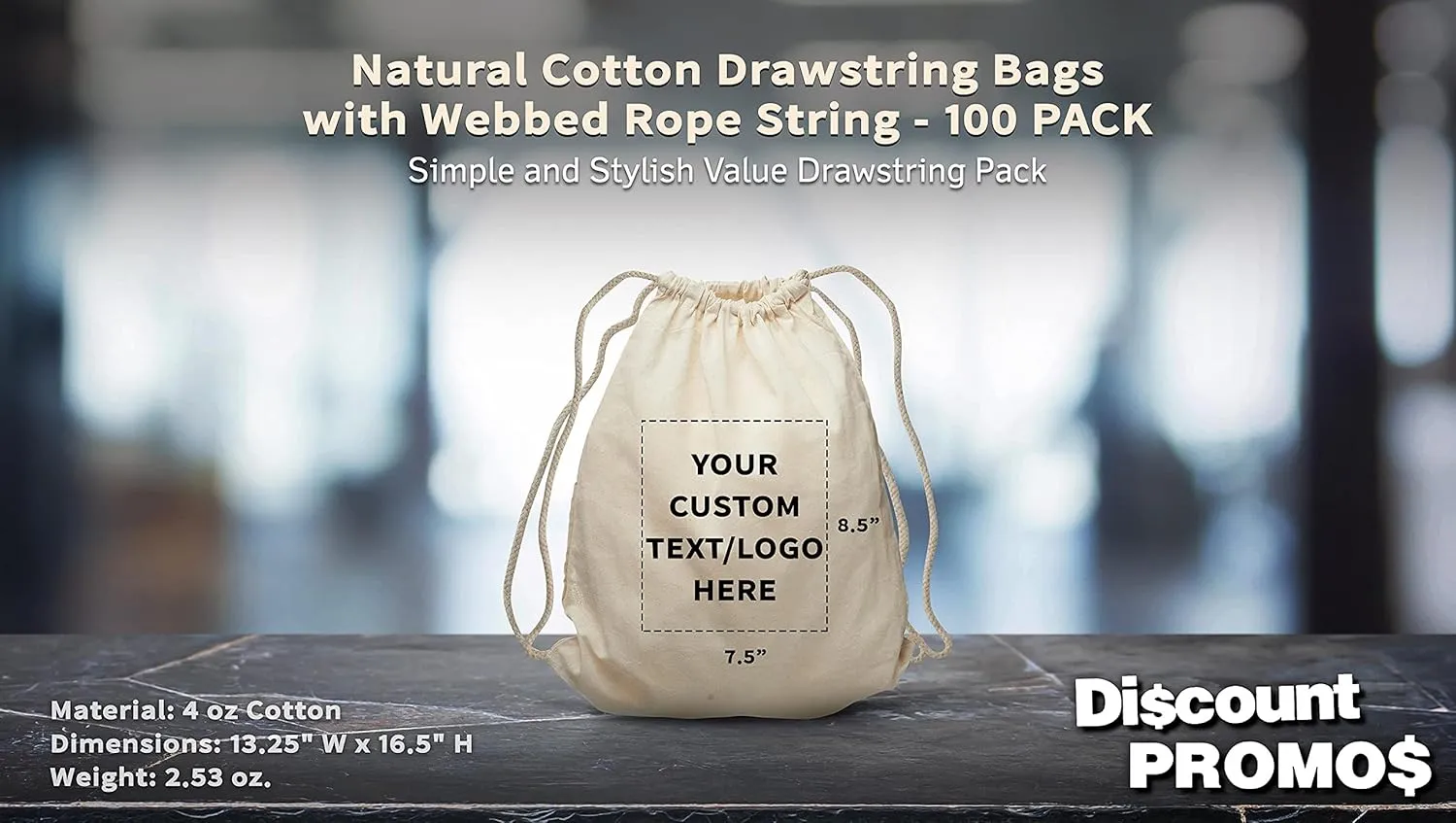 DISCOUNT PROMOS 100 Cotton Drawstring Bags Set - Customizable Text, Logo - Durable, Minimalist, Simple, Reusable - Natural