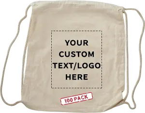 DISCOUNT PROMOS 100 Cotton Drawstring Bags Set - Customizable Text, Logo - Durable, Minimalist, Simple, Reusable - Natural