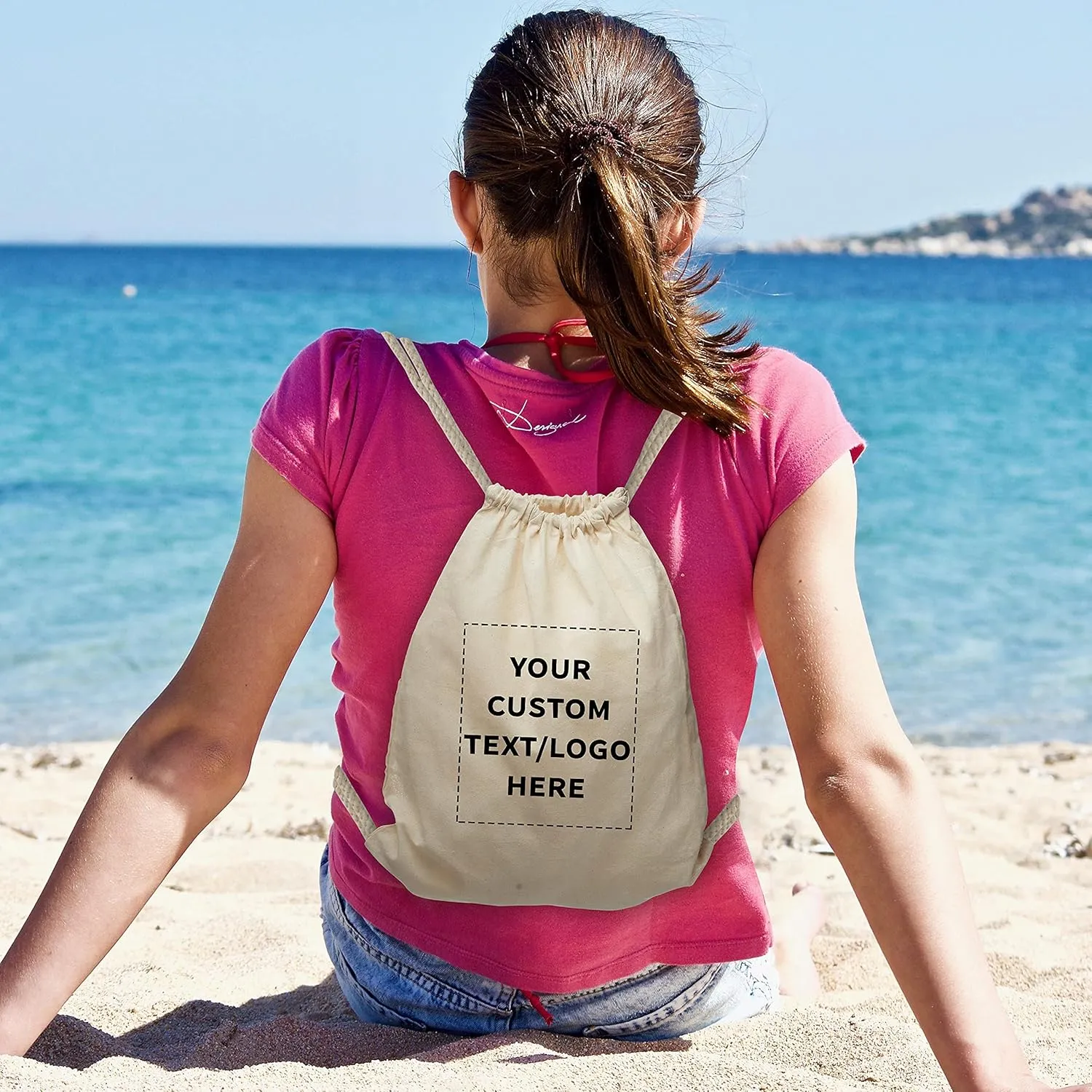 DISCOUNT PROMOS 100 Cotton Drawstring Bags Set - Customizable Text, Logo - Durable, Minimalist, Simple, Reusable - Natural