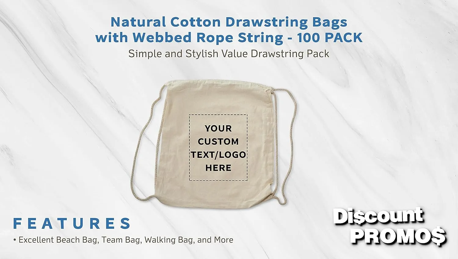 DISCOUNT PROMOS 100 Cotton Drawstring Bags Set - Customizable Text, Logo - Durable, Minimalist, Simple, Reusable - Natural