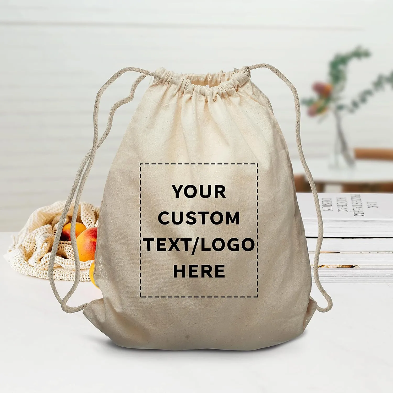 DISCOUNT PROMOS 100 Cotton Drawstring Bags Set - Customizable Text, Logo - Durable, Minimalist, Simple, Reusable - Natural