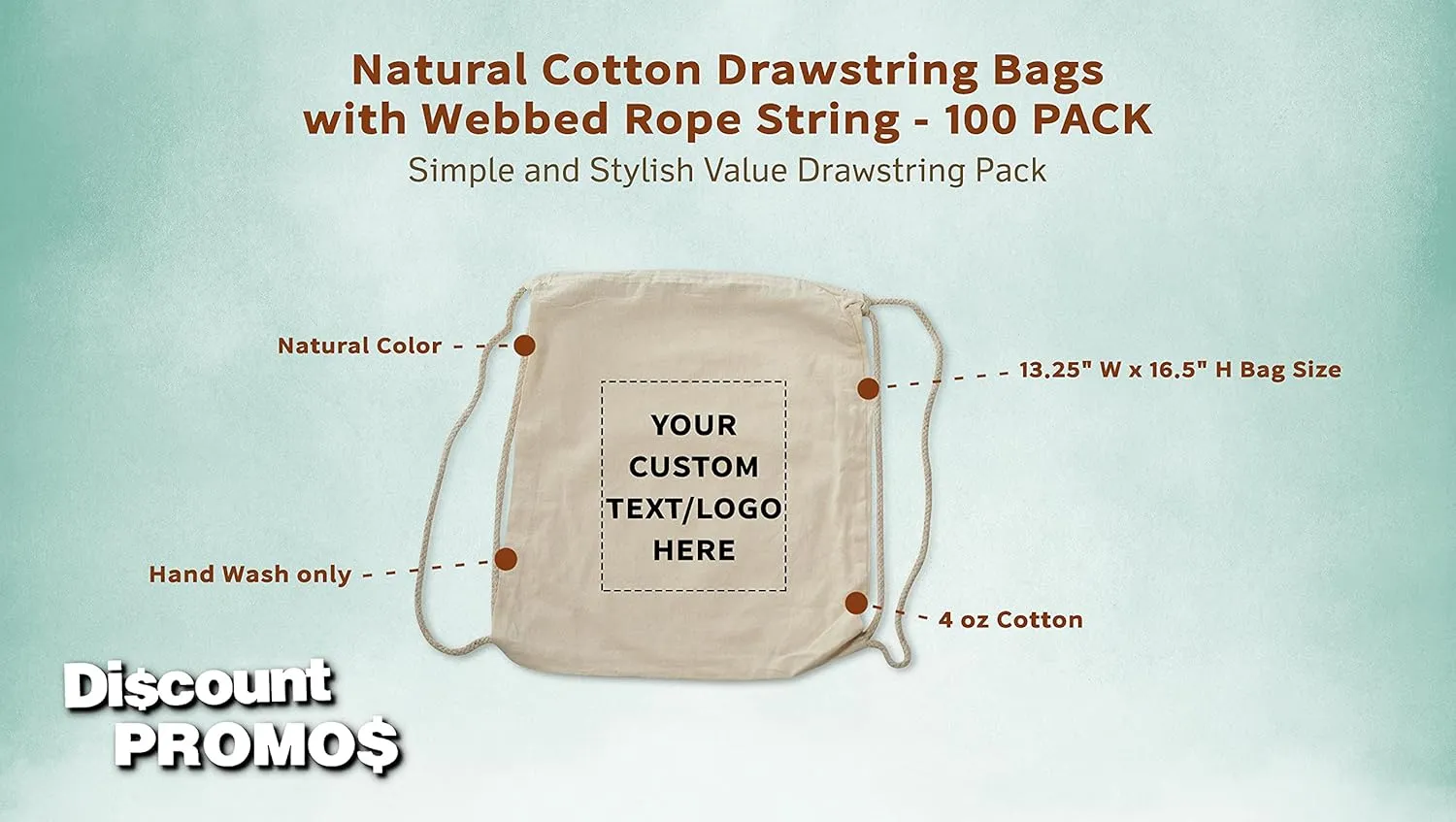 DISCOUNT PROMOS 100 Cotton Drawstring Bags Set - Customizable Text, Logo - Durable, Minimalist, Simple, Reusable - Natural