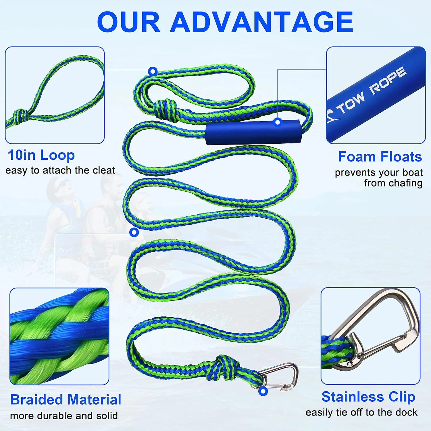 Docking Lines Rope Mooring Bungee - PWC Dock Rope 7FT 10FT 14FT with Foam Float for Personal Watercraft Kayak, Jet Ski, SeaDoo, Boat, Pontoon Bungee Docking Line Rope