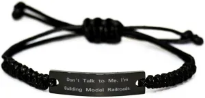 Don't Talk to Me. I'm Building. Black Rope Bracelet, Model Railroads Present From Friends, Fancy Engraved Bracelet For Friends, Funny model trains, Gift for model railroad enthusiast, Model train set,