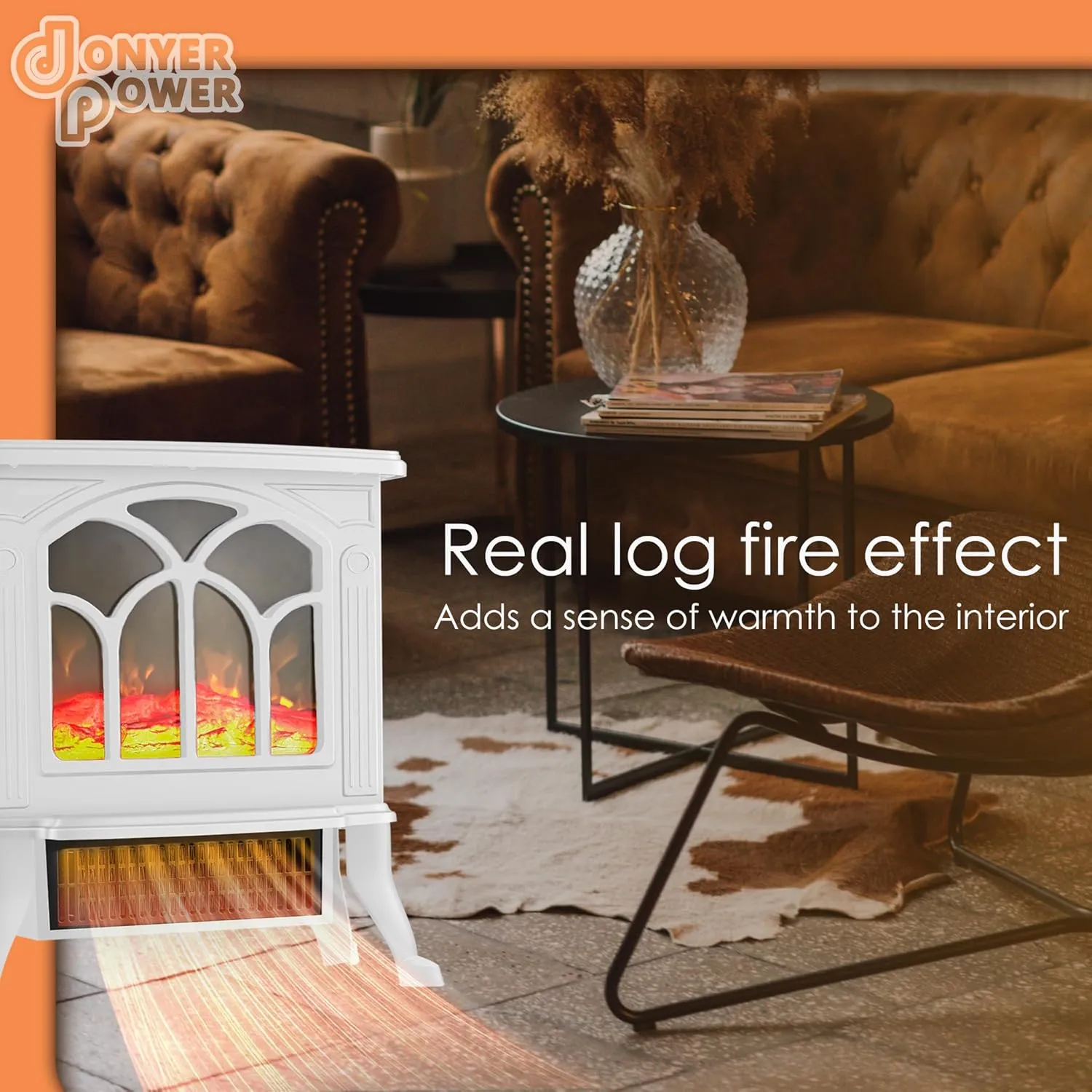 DONYER POWER 23" Electric Stove Portable Heater, 1500W,LED Adjustable Flame Intensity Control, White, Room Heater,Space Heater