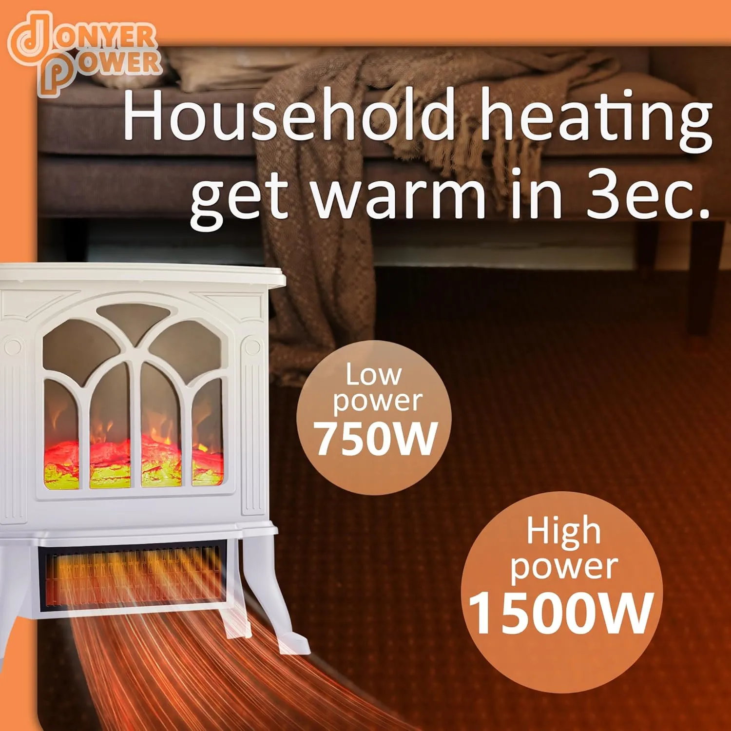 DONYER POWER 23" Electric Stove Portable Heater, 1500W,LED Adjustable Flame Intensity Control, White, Room Heater,Space Heater