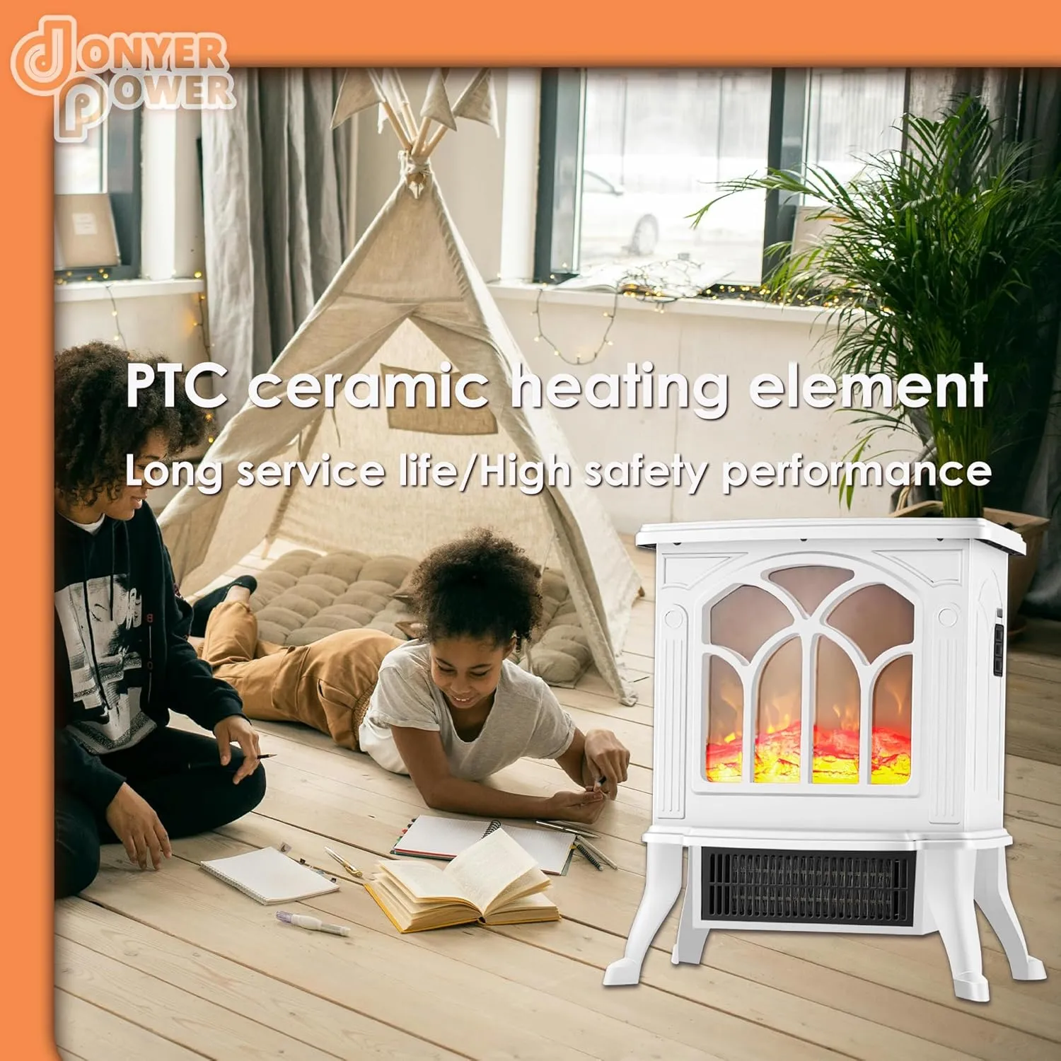 DONYER POWER 23" Electric Stove Portable Heater, 1500W,LED Adjustable Flame Intensity Control, White, Room Heater,Space Heater