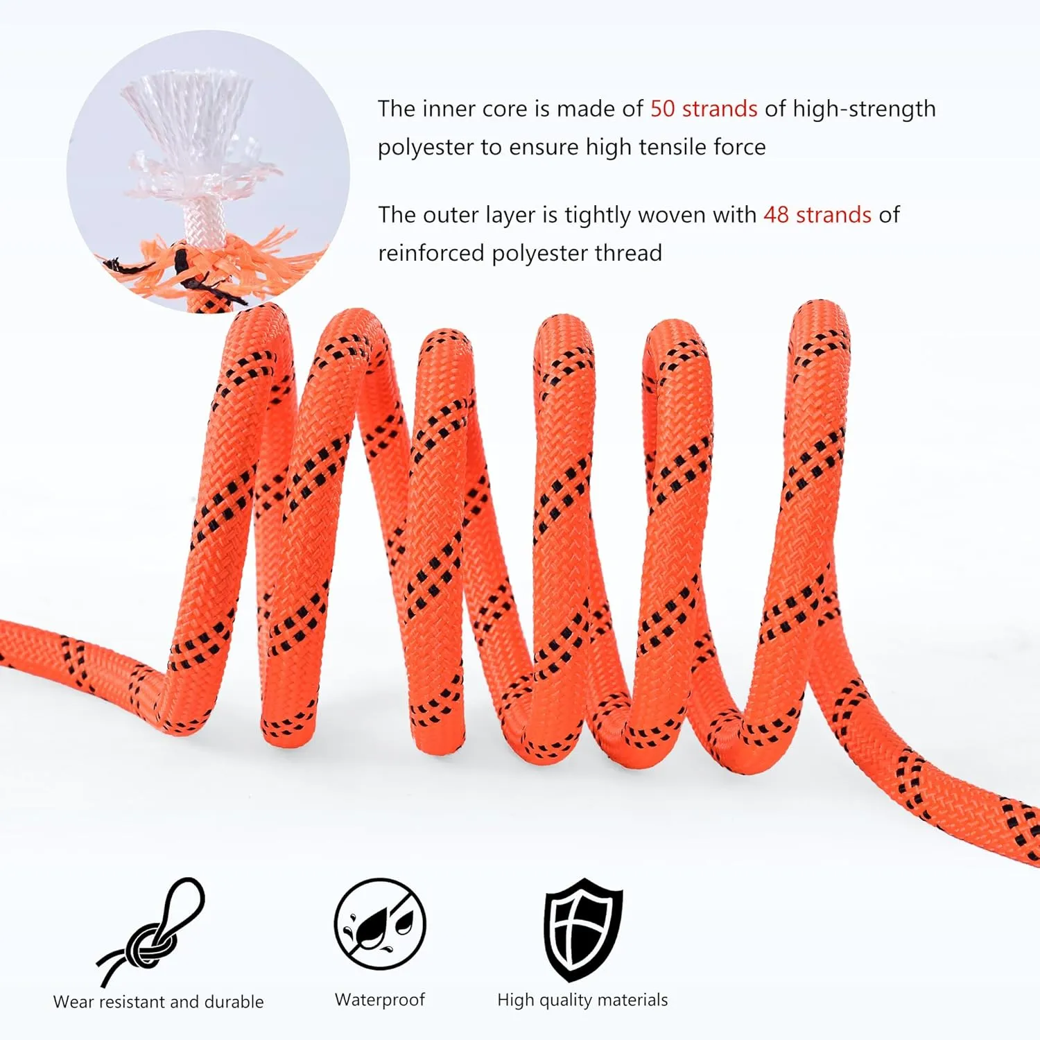Double Braid Arborist Rope,1/2 in x 100 ft Arborist Rigging Polyester Rope,50 Strand Rope Swing for Tree Bull Rope for Outdoor, Tree Work, Swing, Sailing, Orange/Black