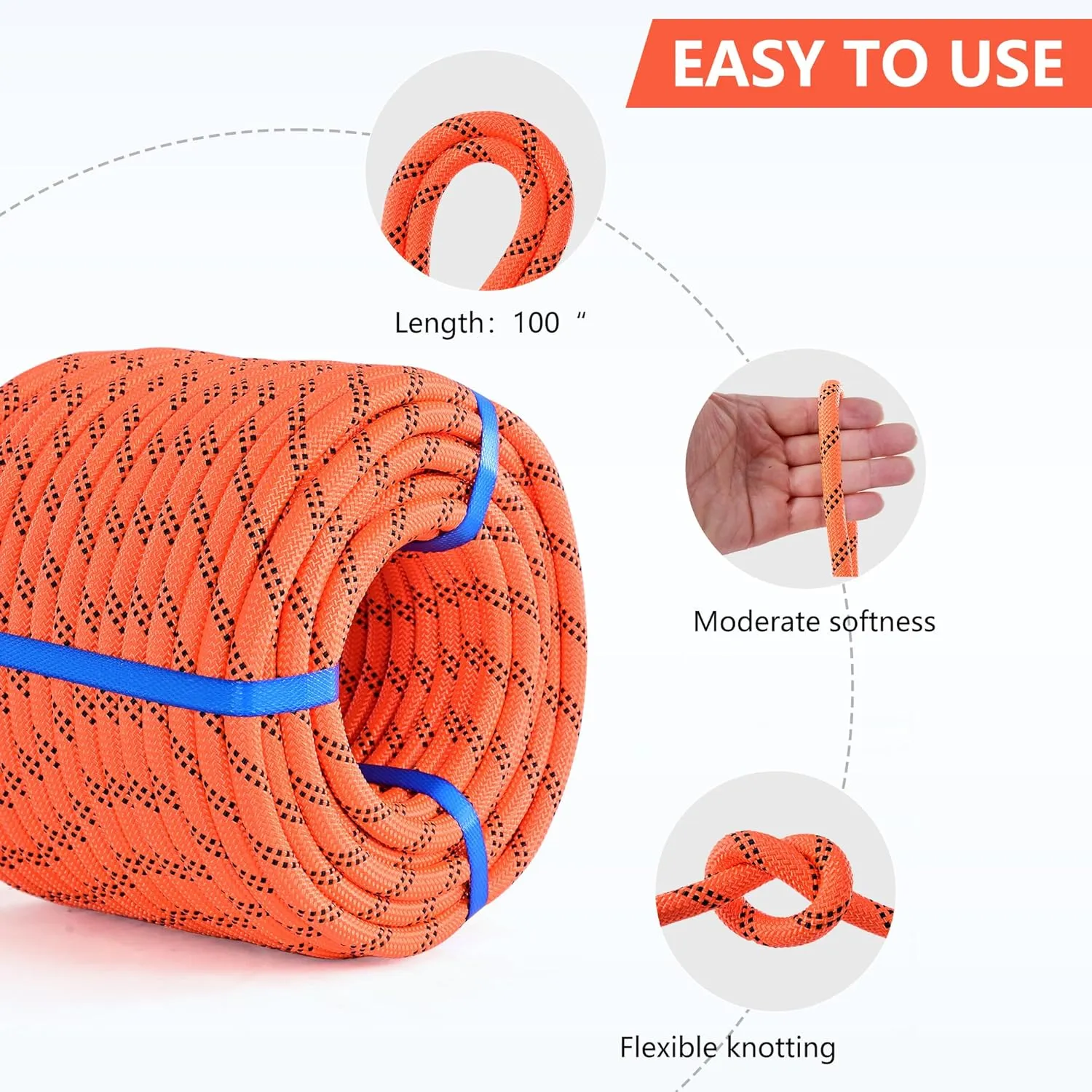 Double Braid Arborist Rope,1/2 in x 100 ft Arborist Rigging Polyester Rope,50 Strand Rope Swing for Tree Bull Rope for Outdoor, Tree Work, Swing, Sailing, Orange/Black