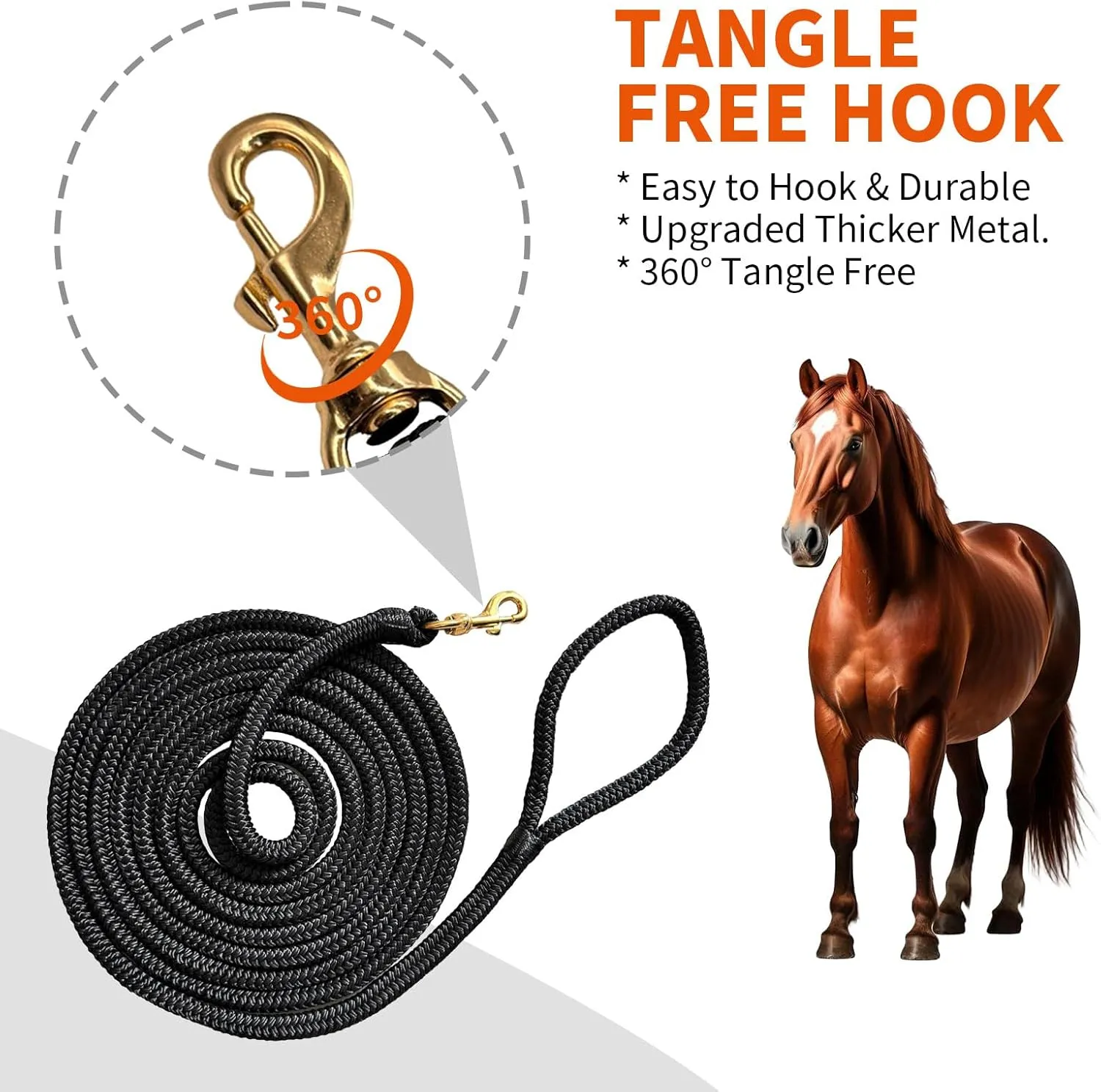 Double Nylon Horse Lead Ropes – 10FT / 15FT Durable Lightweight Lead Ropes for Horses with Snap Hook