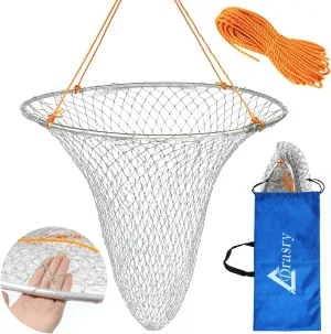 Drasry Foldable Bridge and Pier Fishing Landing Net - High Load-Bearing Aluminum Ring Drop Net for Saltwater Freshwater - Collapsible Basket With 49.2 FT Rope