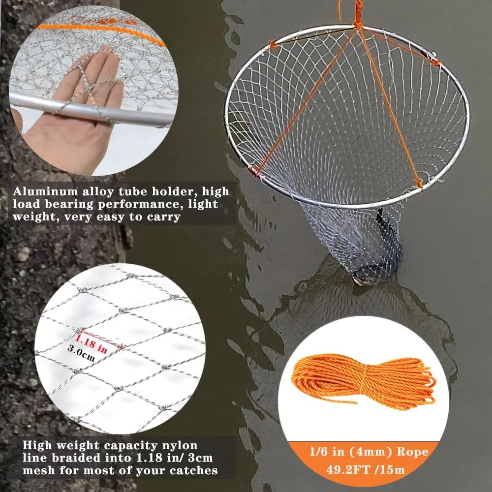 Drasry Foldable Bridge and Pier Fishing Landing Net - High Load-Bearing Aluminum Ring Drop Net for Saltwater Freshwater - Collapsible Basket With 49.2 FT Rope