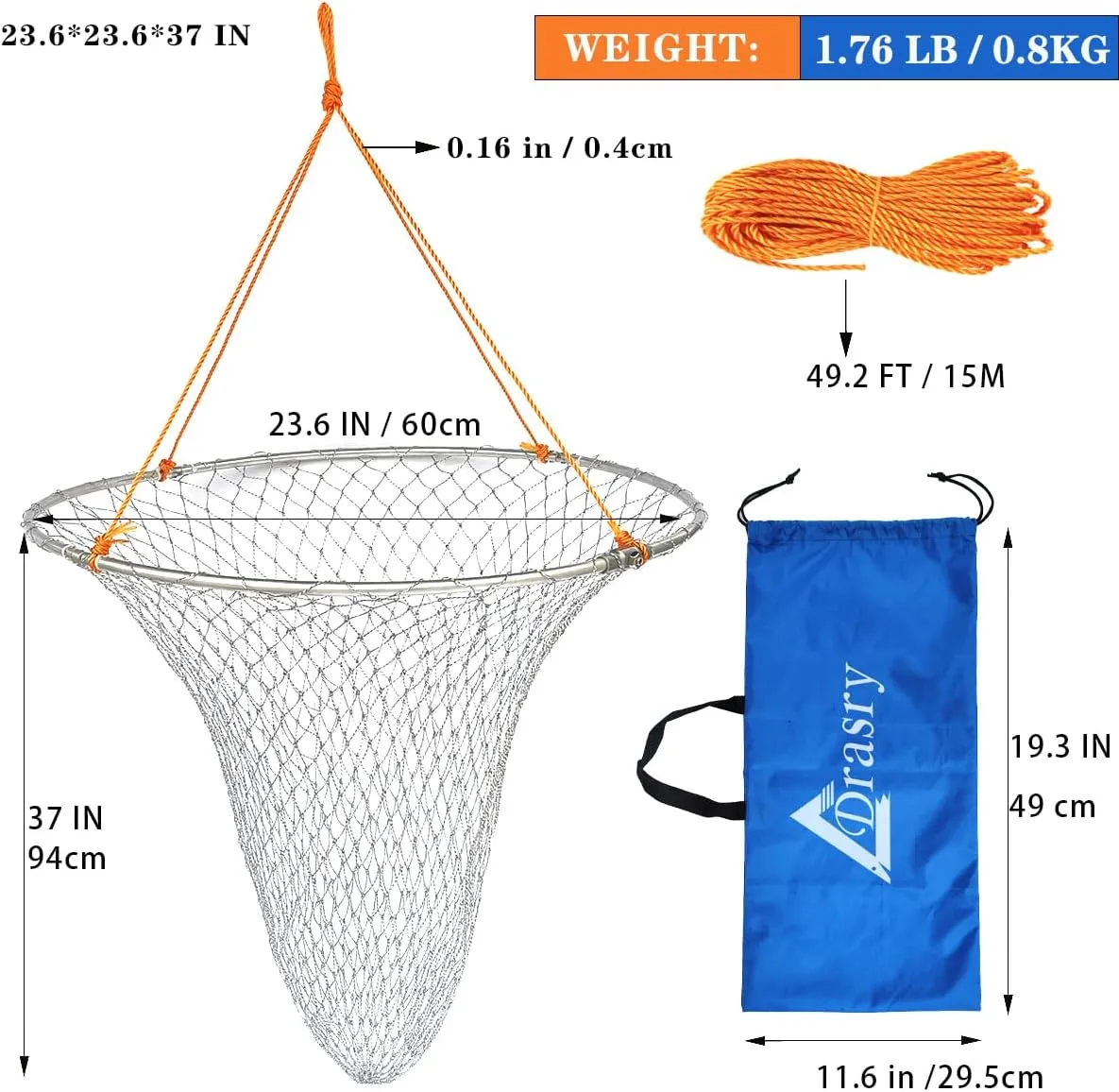 Drasry Foldable Bridge and Pier Fishing Landing Net - High Load-Bearing Aluminum Ring Drop Net for Saltwater Freshwater - Collapsible Basket With 49.2 FT Rope