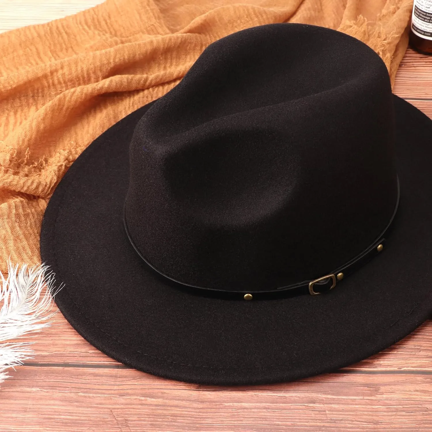 DRESHOW Women Classic Felt Fedora Wide Brim Floppy with Belt Buckle Panama Hat