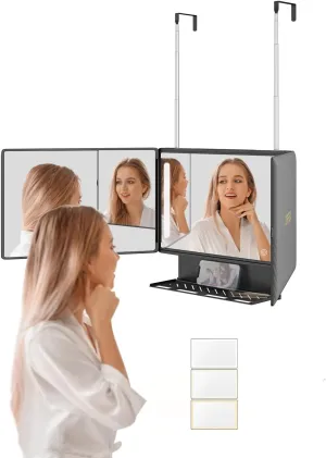 Dripex 3 Way Mirror with Storage Shelf and 3 Color LED Lights, Rechargeable Trifold Self Haircut 360° Mirror with Height Adjustable Hooks for Makeup, Styling, Shaving, Braiding, Dye Hair (Black)
