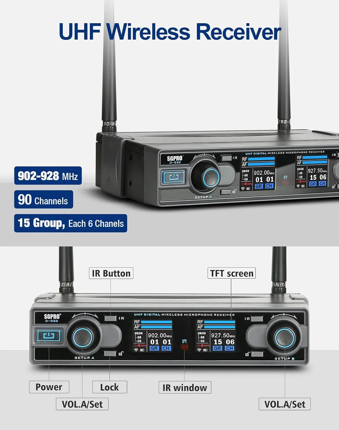 Dual Handheld Wireless Microphone System 262Feet 90 Preset UHF Frequencies, Bodypack, Head-Worn & Lavalier Mics for Live Performance, Karaoke, DJ, Church, Classroom & PA Systems (D-332HH)