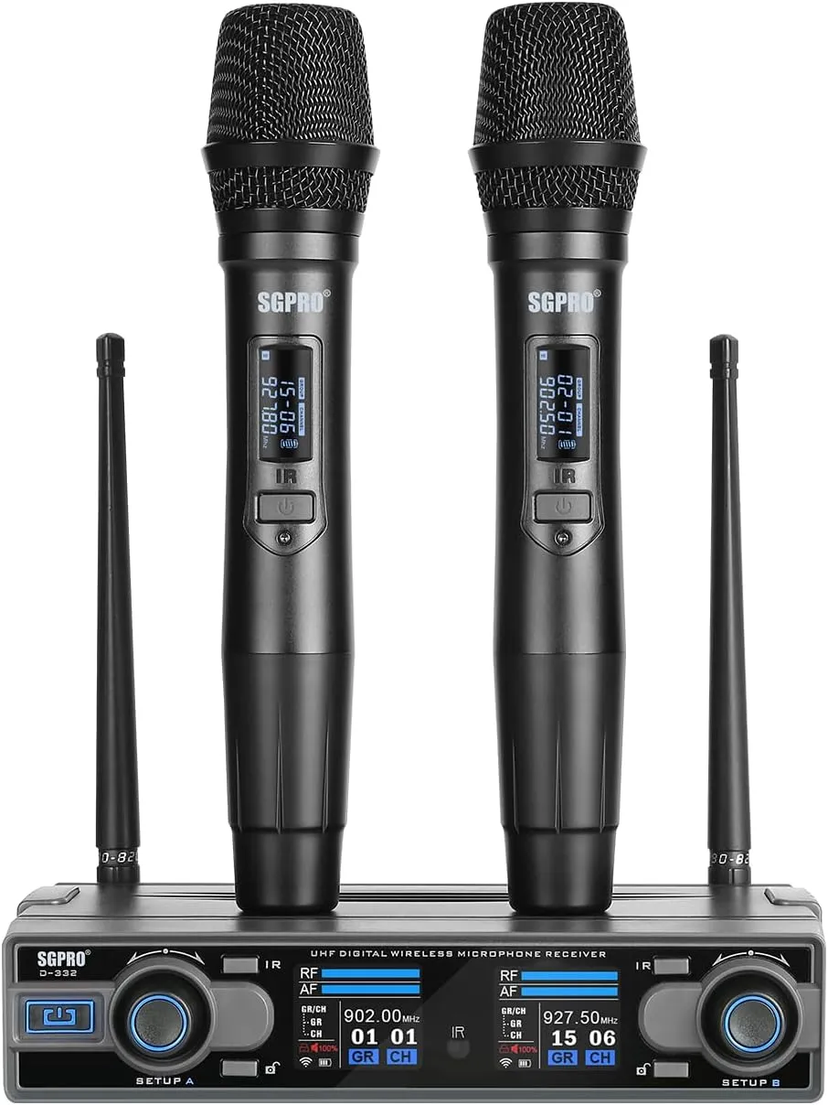 Dual Handheld Wireless Microphone System 262Feet 90 Preset UHF Frequencies, Bodypack, Head-Worn & Lavalier Mics for Live Performance, Karaoke, DJ, Church, Classroom & PA Systems (D-332HH)