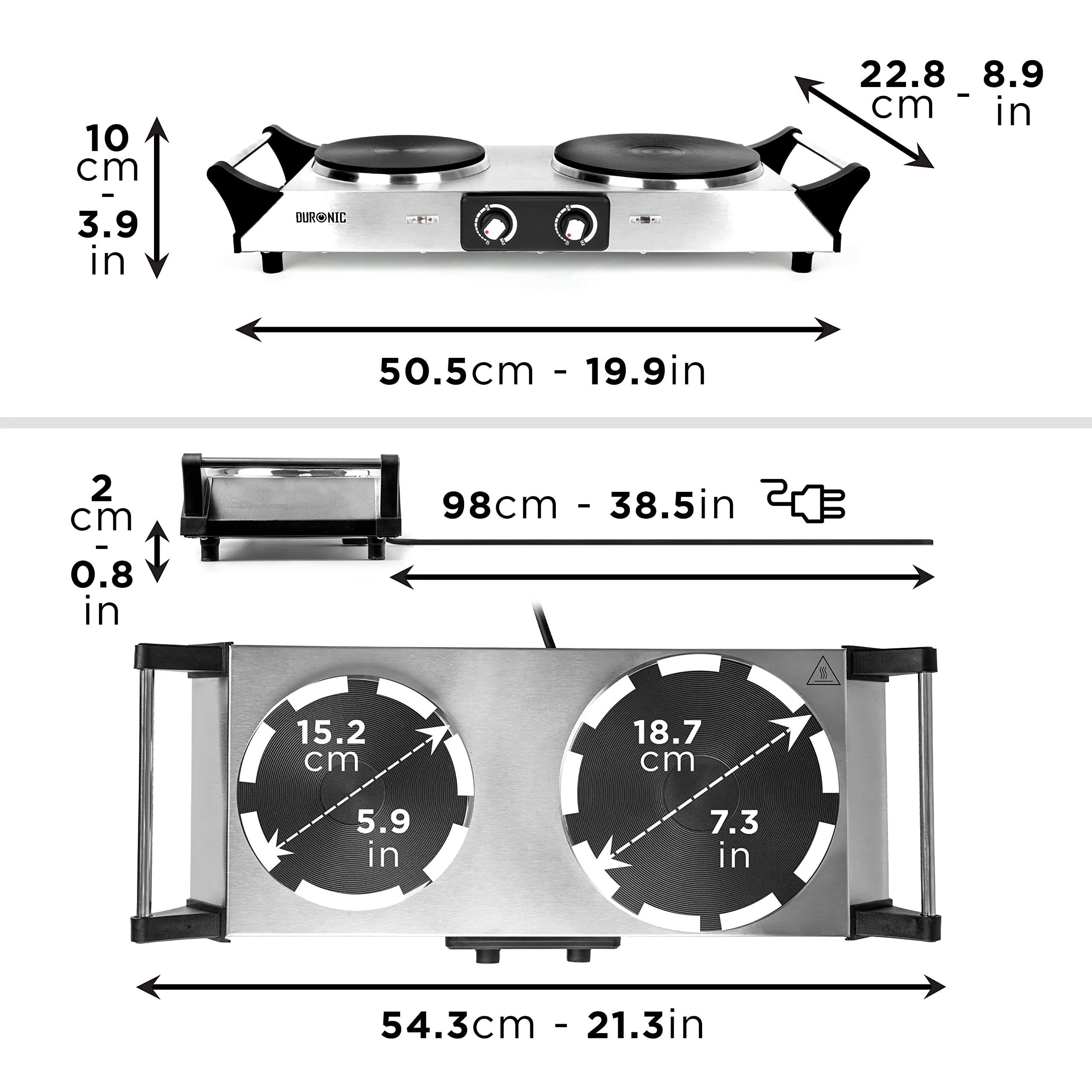 Duronic Hot Plate HP2 SS, Stainless Steel Table Top Cooking, 2500W Black Steel Electric Double Hob with Handles, 2 Cast Iron Portable Hob Burner Rings (1500W & 1000W) for Home Kitchen, Pots, Camping - Silver