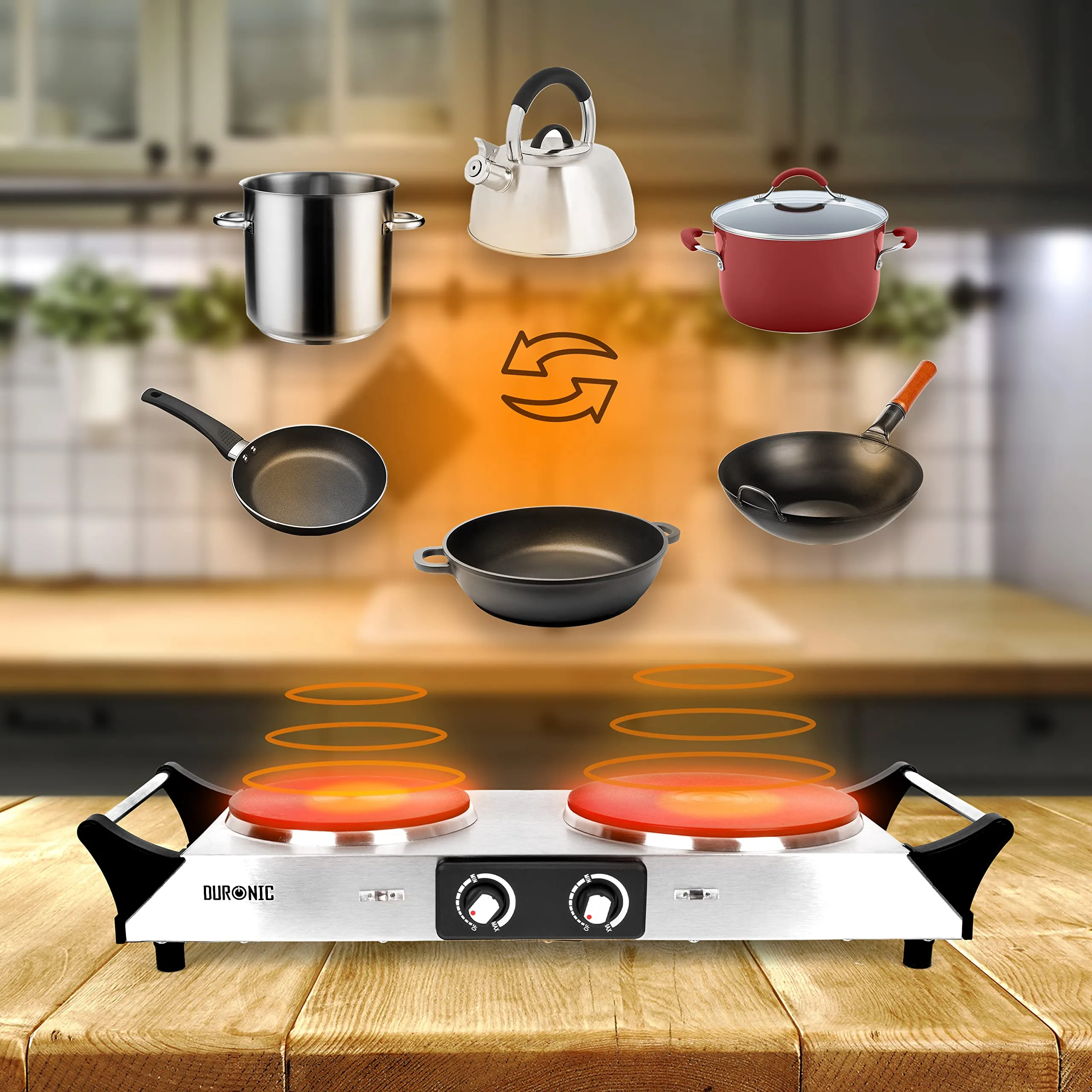 Duronic Hot Plate HP2 SS, Stainless Steel Table Top Cooking, 2500W Black Steel Electric Double Hob with Handles, 2 Cast Iron Portable Hob Burner Rings (1500W & 1000W) for Home Kitchen, Pots, Camping - Silver