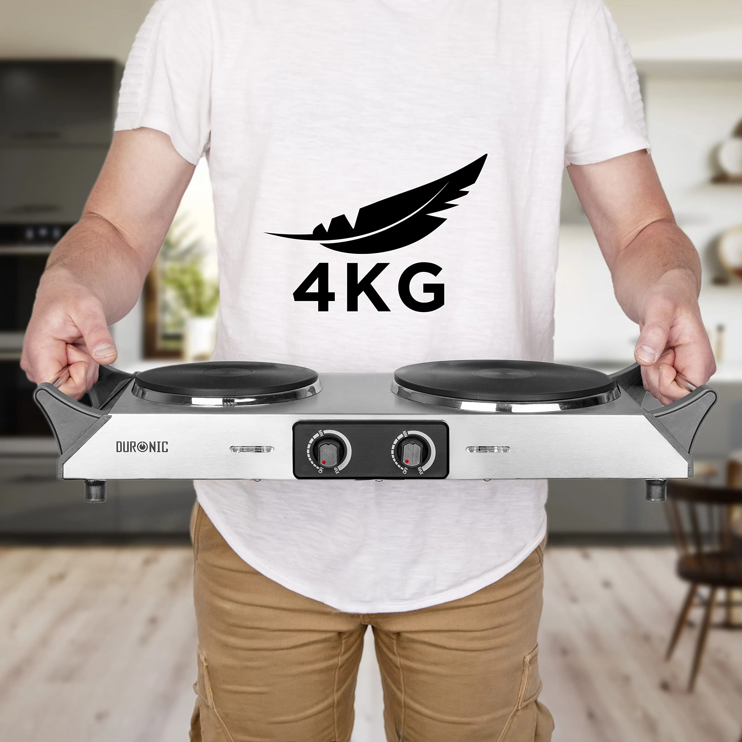 Duronic Hot Plate HP2 SS, Stainless Steel Table Top Cooking, 2500W Black Steel Electric Double Hob with Handles, 2 Cast Iron Portable Hob Burner Rings (1500W & 1000W) for Home Kitchen, Pots, Camping - Silver