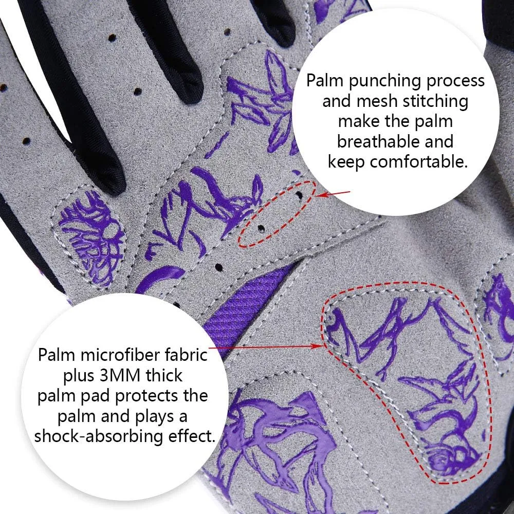 DuShow Bike Gloves for Women Cycling,Pink Floral Workout Gloves Women,Full Finger Biking Driving Riding Gloves for Women,Gel Padded Touch Screen Gym Gloves