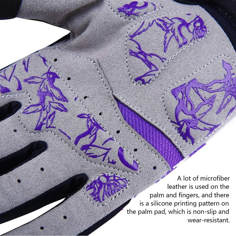 DuShow Bike Gloves for Women Cycling,Pink Floral Workout Gloves Women,Full Finger Biking Driving Riding Gloves for Women,Gel Padded Touch Screen Gym Gloves