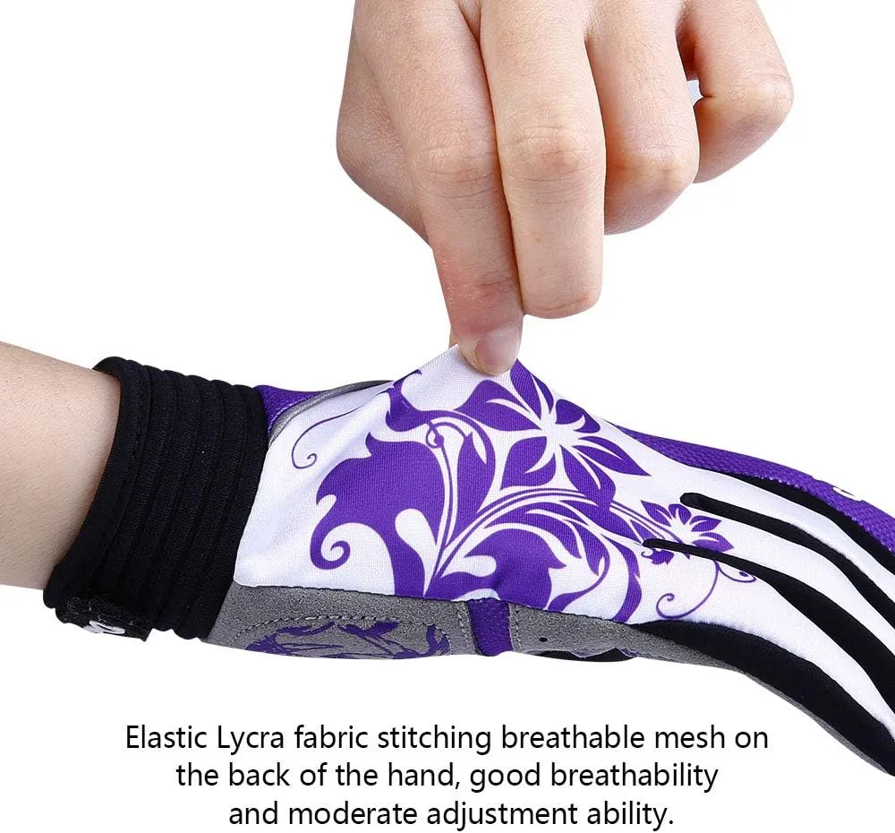 DuShow Bike Gloves for Women Cycling,Pink Floral Workout Gloves Women,Full Finger Biking Driving Riding Gloves for Women,Gel Padded Touch Screen Gym Gloves