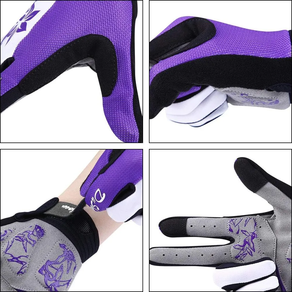DuShow Bike Gloves for Women Cycling,Pink Floral Workout Gloves Women,Full Finger Biking Driving Riding Gloves for Women,Gel Padded Touch Screen Gym Gloves