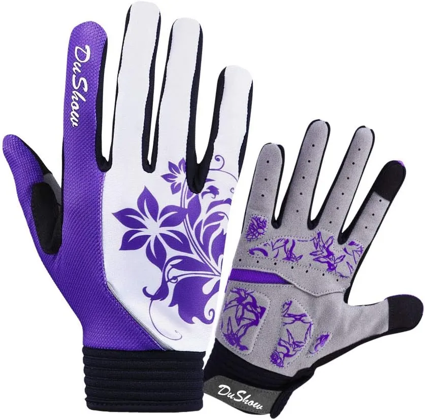 DuShow Bike Gloves for Women Cycling,Pink Floral Workout Gloves Women,Full Finger Biking Driving Riding Gloves for Women,Gel Padded Touch Screen Gym Gloves