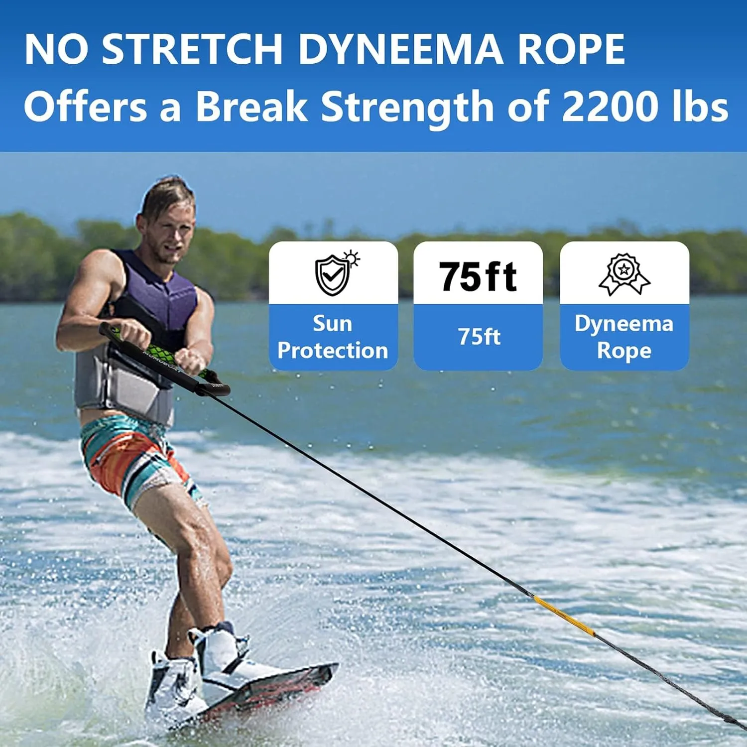 Dyneema Wakeboard Rope 75ft, No Stretch Wakeboard Rope and Handle Water Ski Rope for Watersports, 4 Sections Floating Wakeboard Tow Rope for Kneeboarding and Wakesurfing