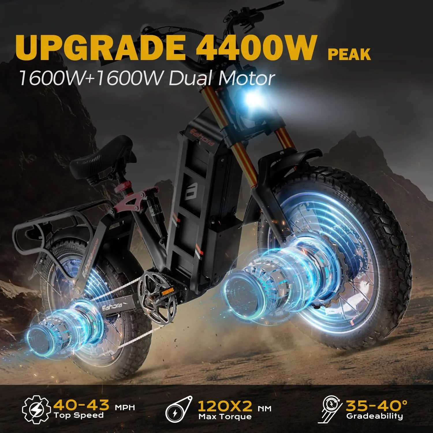 eAhora Juliet Pro II Electric Bike - Dual Motor Peak 4400W 43MPH 52V 70Ah 120Miles  Long Range Ebike for Adults, 20" Fat Tire Electric Mountain Bicycle Full Suspension All Terrain E-Bike
