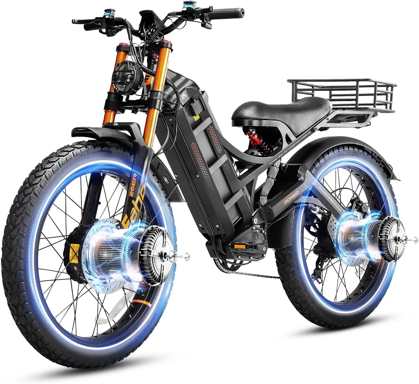 eAhora Romeo Pro Ⅱ(2025 Version) 4000W Peak Electric Bike for Adults, 52V 70Ah Battery up to 200Miles,46Mph Dual Motors Ebike,26"*4.0 Fat Tire Full Suspension Off-Road Mountain E-Bike for Men,UL 2849