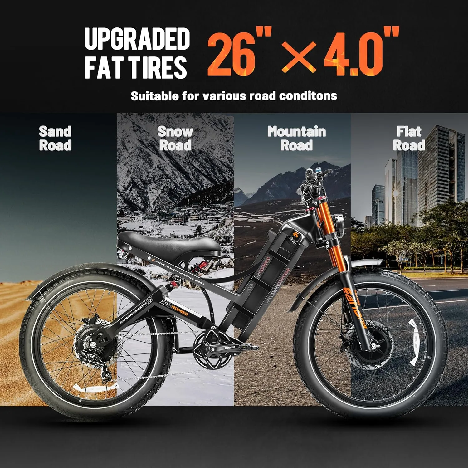 eAhora Romeo Pro Ⅱ(2025 Version) 4000W Peak Electric Bike for Adults, 52V 70Ah Battery up to 200Miles,46Mph Dual Motors Ebike,26"*4.0 Fat Tire Full Suspension Off-Road Mountain E-Bike for Men,UL 2849