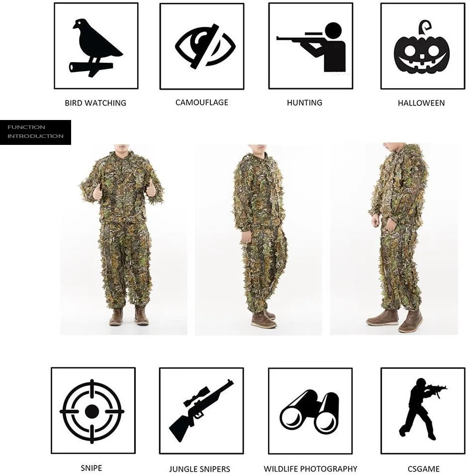 EAmber Ghillie Suit Gilly Hunting Suits Pants 3D Leaf Camo Camouflage Coveralls Youth Adult Lightweight Clothes