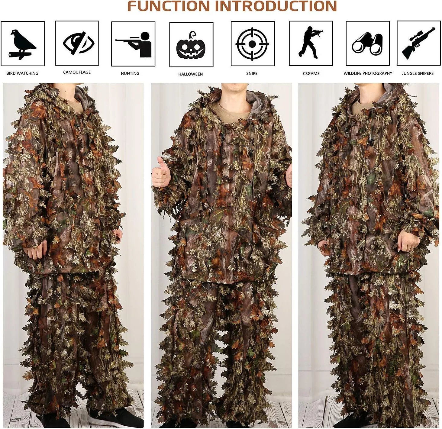 EAmber Ghillie Suit Gilly Hunting Suits Pants 3D Leaf Camo Camouflage Coveralls Youth Adult Lightweight Clothes