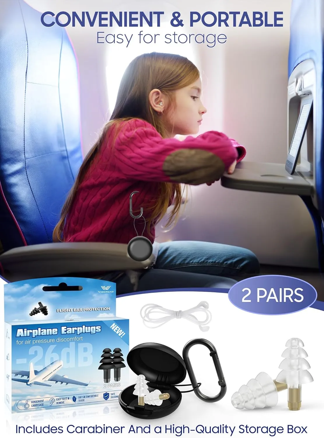 Ear Plugs for Airplane Pressure Relief, 2 Pairs Kids 6 , Adults/Small Canal Reusable Airplane Earplugs 26dB, with Silicone Connector Cord, Travel Essentials for Flying, Ear Protection Earplugs
