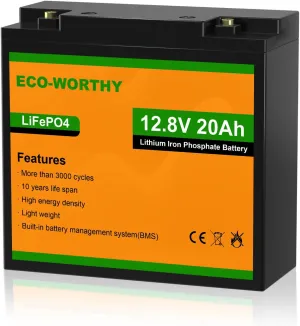 ECO-WORTHY 12V 20Ah LiFePO4 Lithium Battery, 4000  Deep Cycle Rechargeable Battery with BMS for Trolling Motor, Mobility Scooter, Fish finder, Kids Scooters, Power Wheels, Outdoor Camping