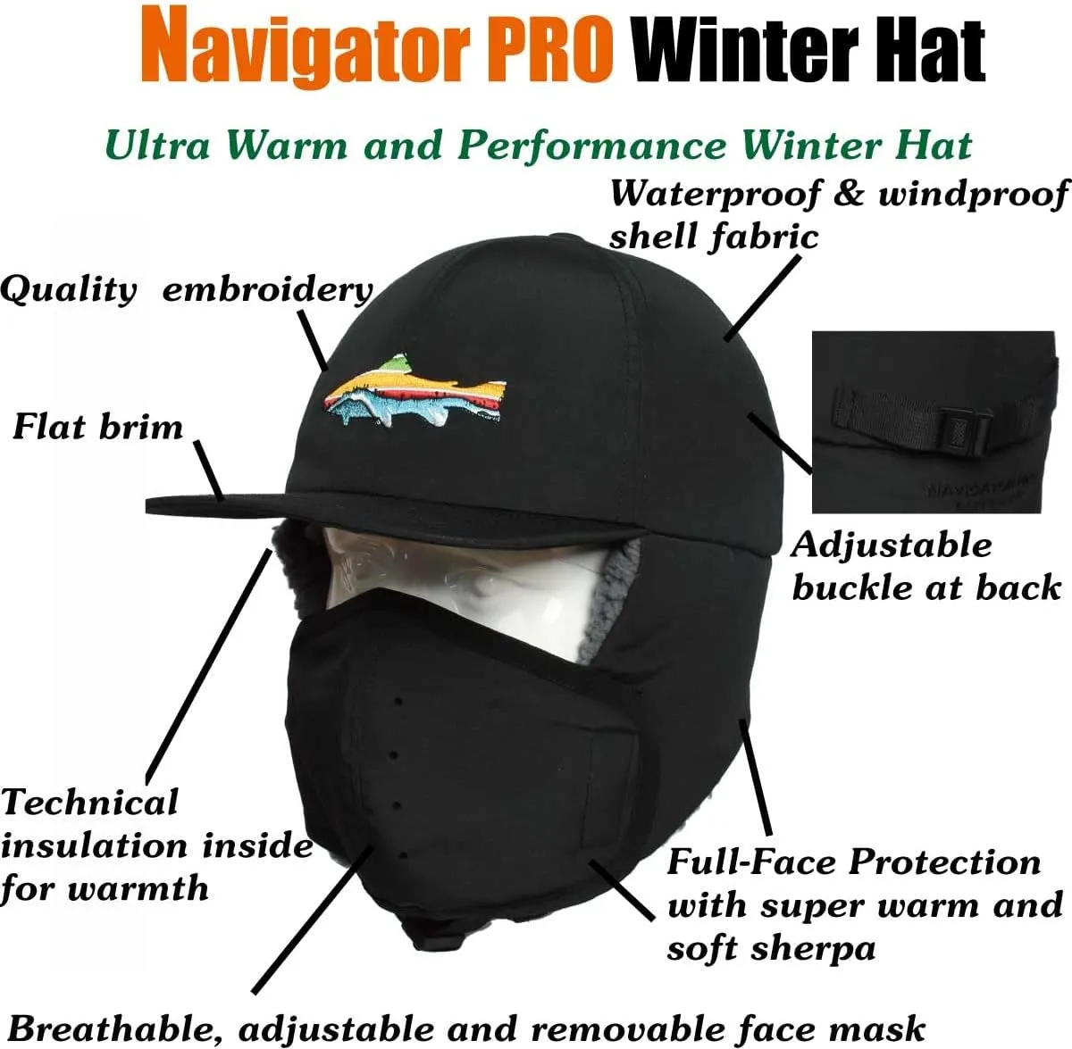 EDTREK Waterproof Trapper Hat with Face Mask for Coldest Conditions - Backcountry Winter Bomber Hat